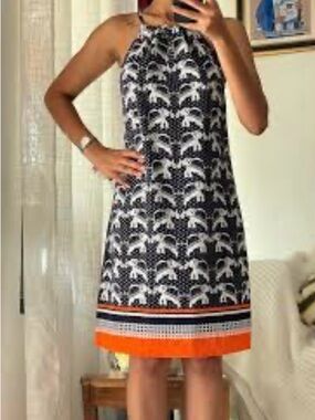 NWOT Crown and Ivy Navy/White Elephant Print tie Halter Dress Sz S